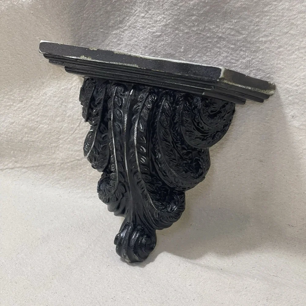 Baroque Black Goth Maximalist Wall Shelf Sconce Acanthus Scroll Leaf Resin Decor
